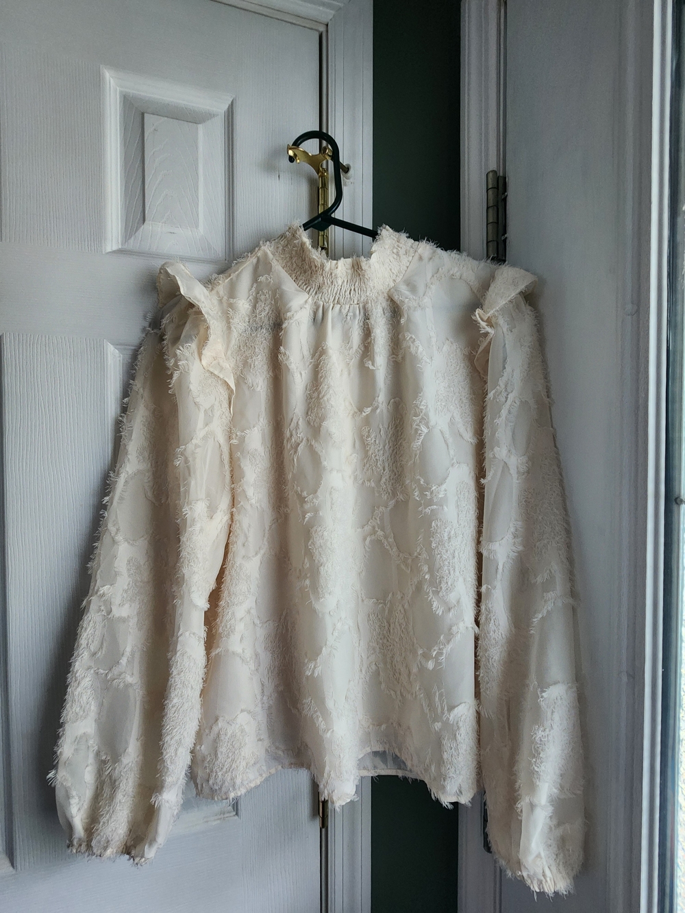 Melloday cream mock neck fringe textured blouse. Large
